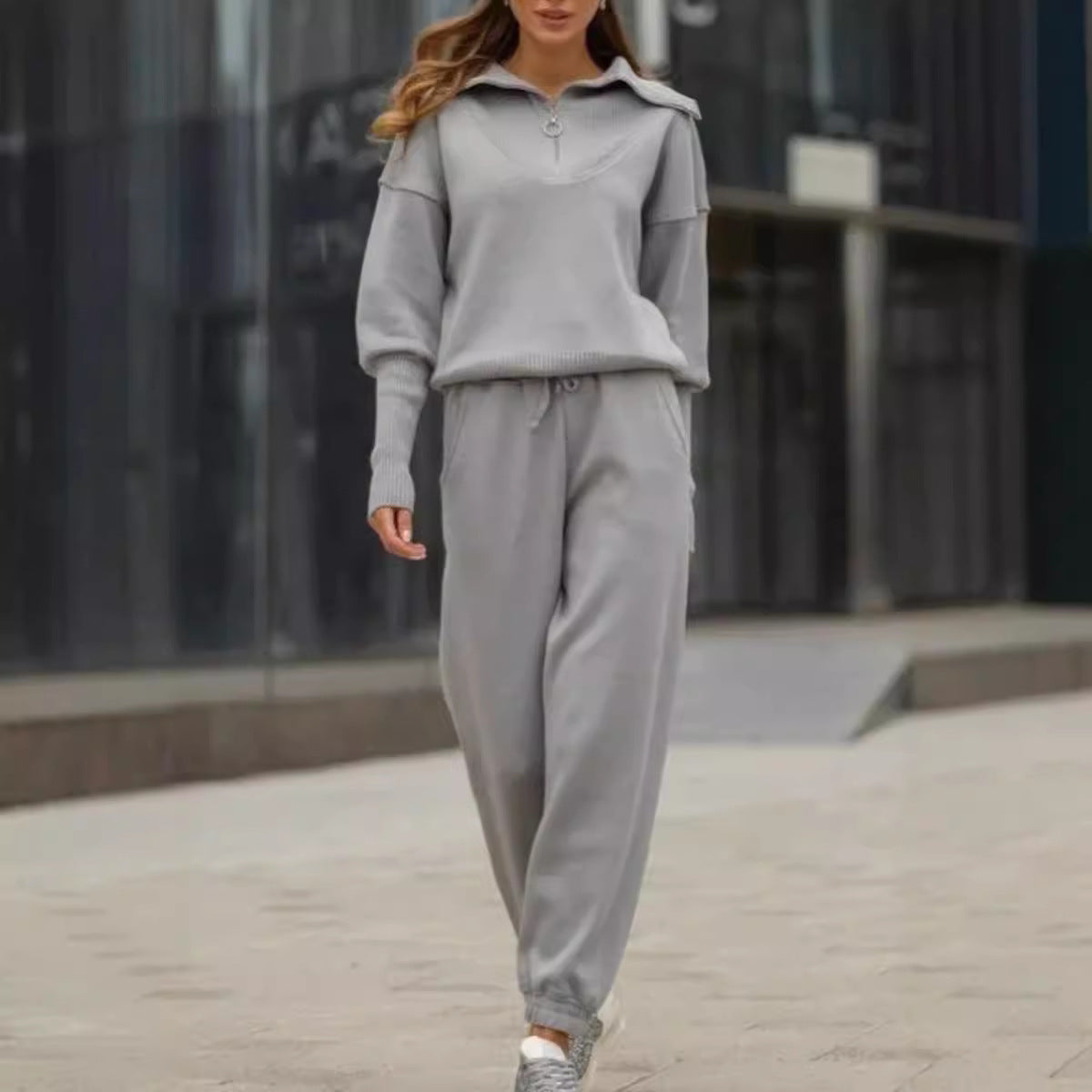 Long Sleeve Suit Zipper Lapel Top And Drawstring Trousers Fashion Casual Sports Clothing For Women